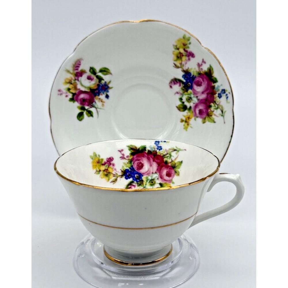 Collingwoods Bone China Footed Tea Cup & Saucer Set England Pink & BlueFloral